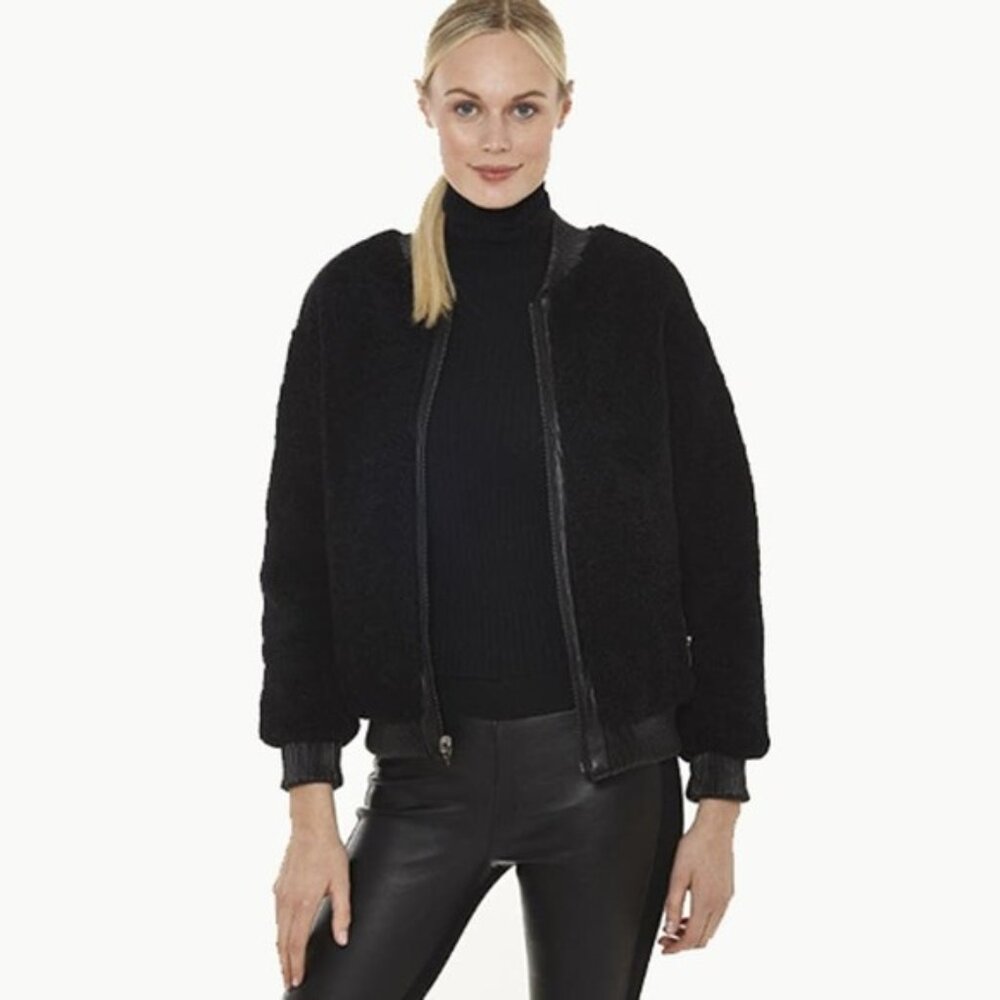 NWT Linda Richards Reversible Lamb Shearling Bomber Jacket Women's Black Sz S